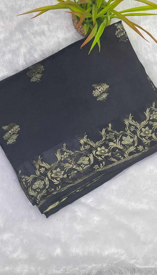 Black Premium Viscose Chinon Saree with Floral Zari Border|DS9