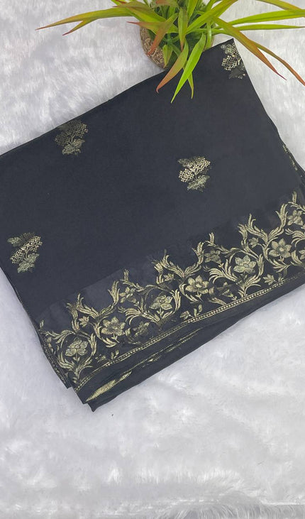 Black Premium Viscose Chinon Saree with Floral Zari Border|DS9