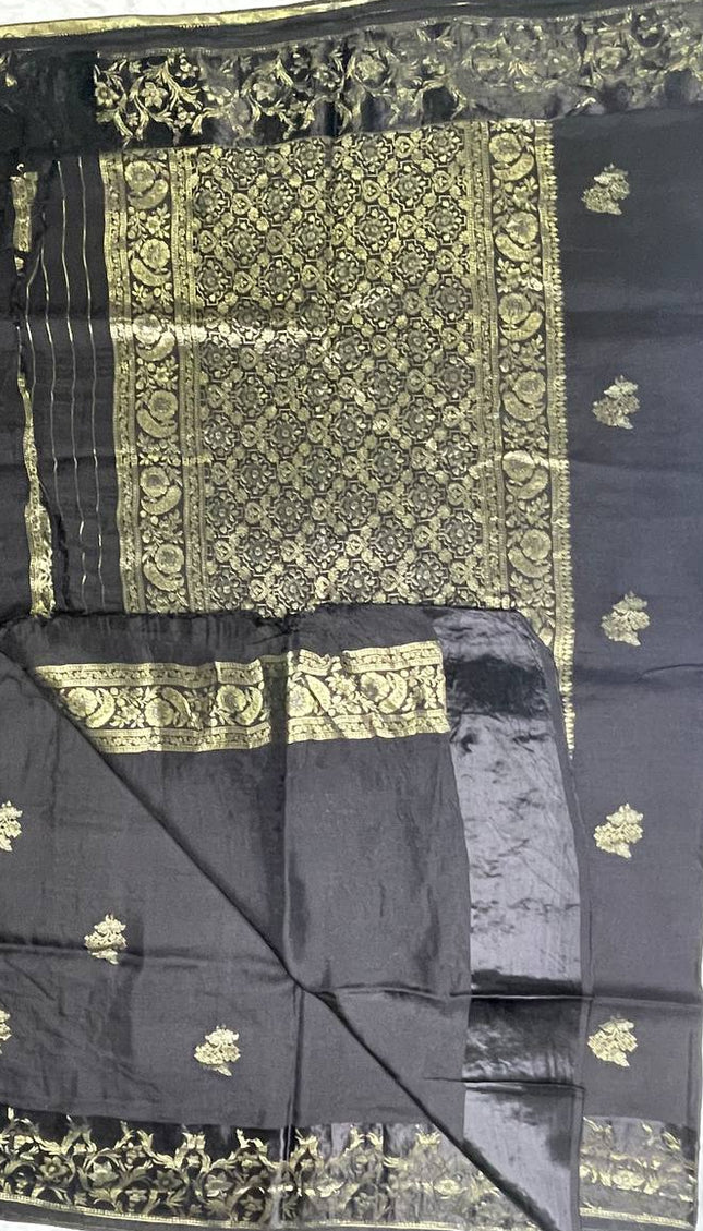 Black Premium Viscose Chinon Saree with Floral Zari Border|DS9