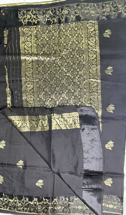 Black Premium Viscose Chinon Saree with Floral Zari Border|DS9