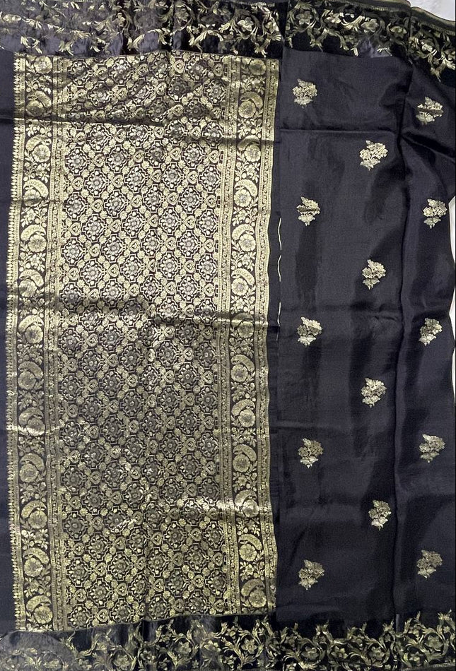 Black Premium Viscose Chinon Saree with Floral Zari Border|DS9