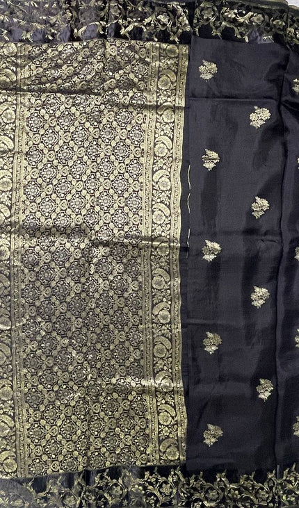 Black Premium Viscose Chinon Saree with Floral Zari Border|DS9