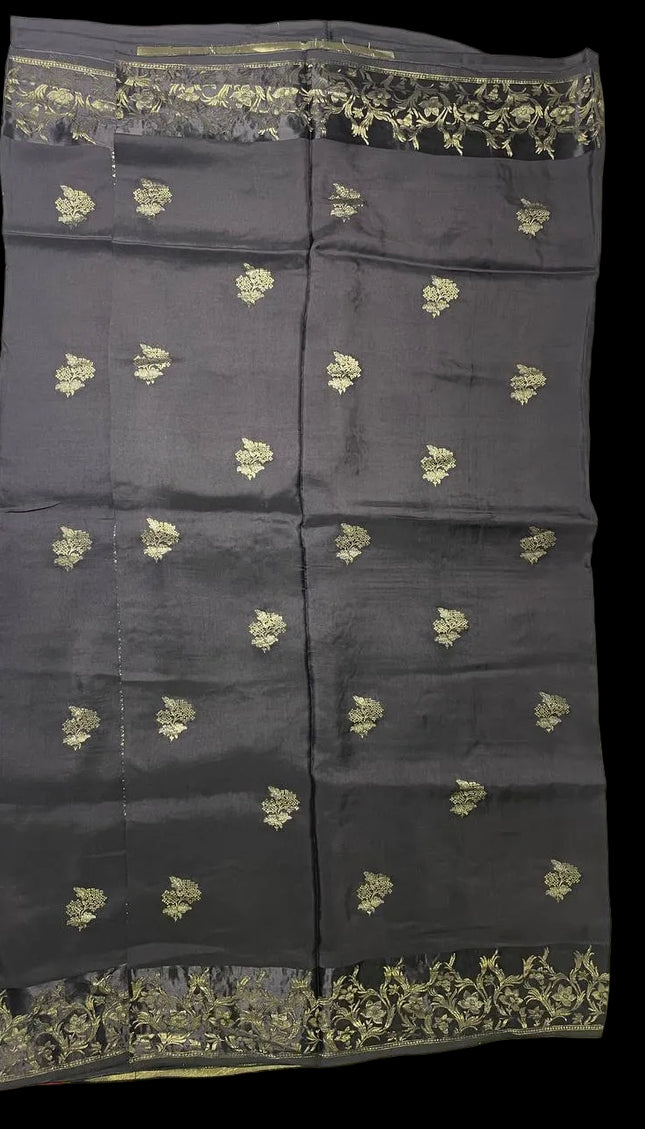 Black Premium Viscose Chinon Saree with Floral Zari Border|DS9