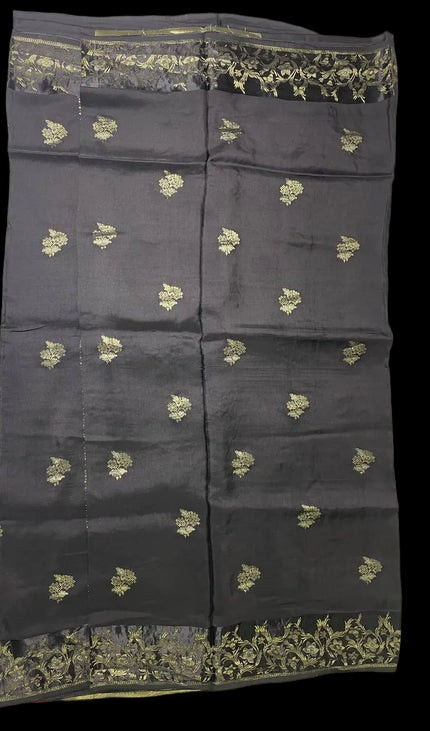 Black Premium Viscose Chinon Saree with Floral Zari Border|DS9