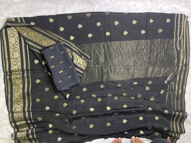 Black Chinon Party Wear Saree with Blouse | DS9