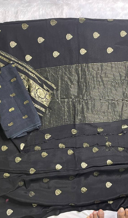Black Chinon Party Wear Saree with Blouse | DS9