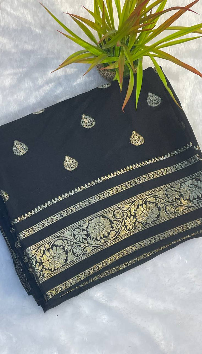 Black Chinon Party Wear Saree with Blouse | DS9