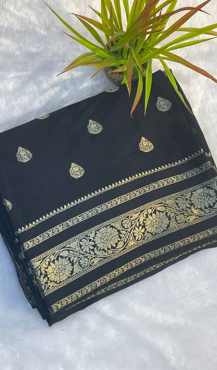 Black Chinon Party Wear Saree with Blouse | DS9