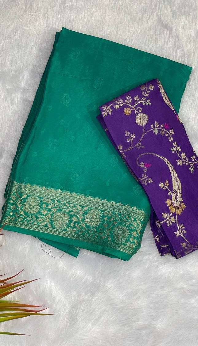 Teal Green Premium Silk Blend Saree with Designer Purple Blouse|DS10
