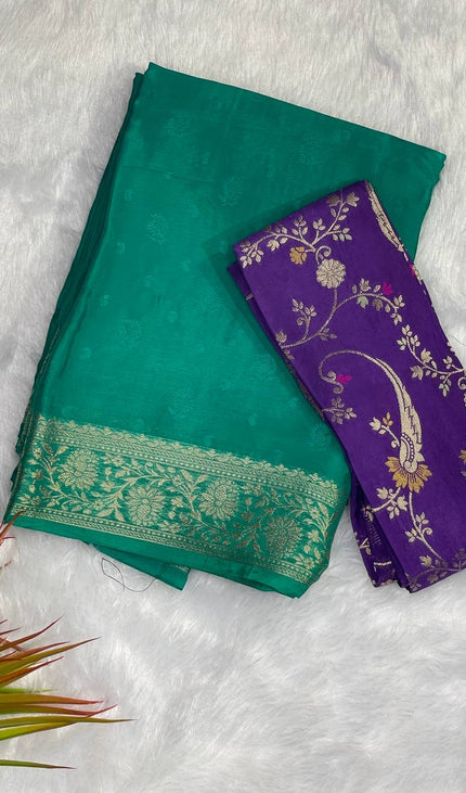 Teal Green Premium Silk Blend Saree with Designer Purple Blouse|DS10