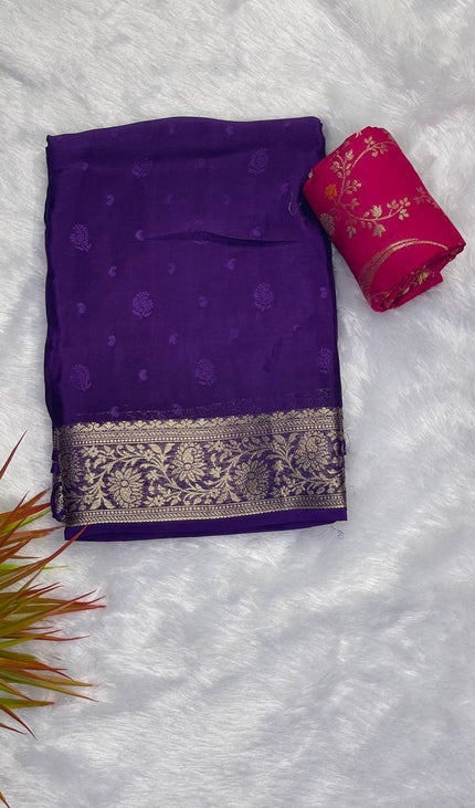 Deep Purple Traditional Saree with Pink Designer Blouse– Festive Special|DS10-