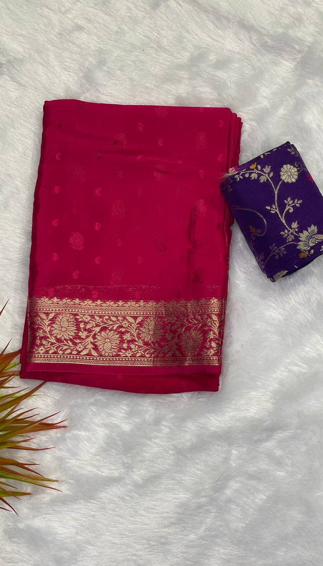 Rani Pink Zari Border Saree with Purple Designer Blouse|DS10
