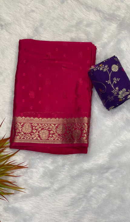 Rani Pink Zari Border Saree with Purple Designer Blouse|DS10