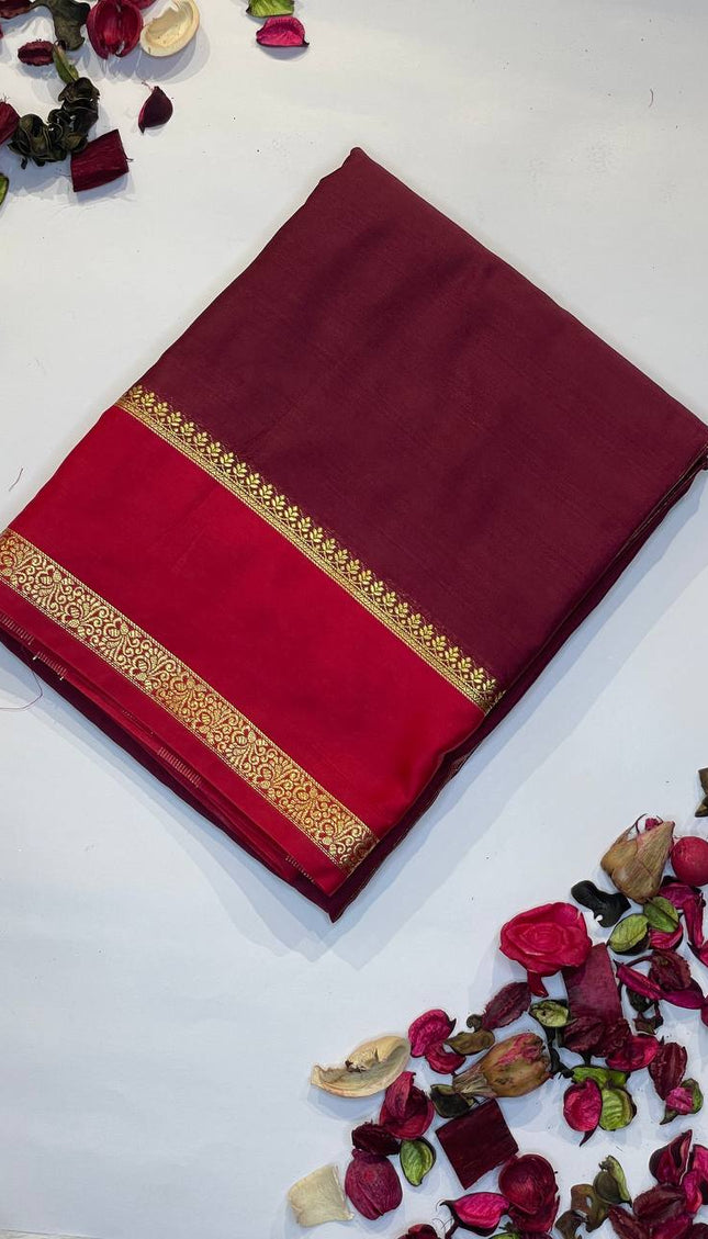 Wine Mysore Silk Saree with Rani Pink Contrast Border|DS17