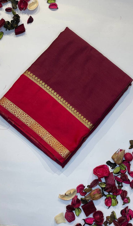 Wine Mysore Silk Saree with Rani Pink Contrast Border|DS17