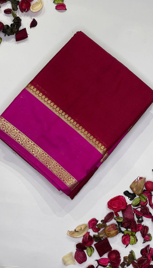 Deep Red Mysore Silk Saree with Pink Contrast Border|DS17