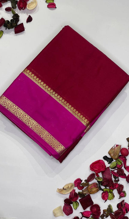 Deep Red Mysore Silk Saree with Pink Contrast Border|DS17