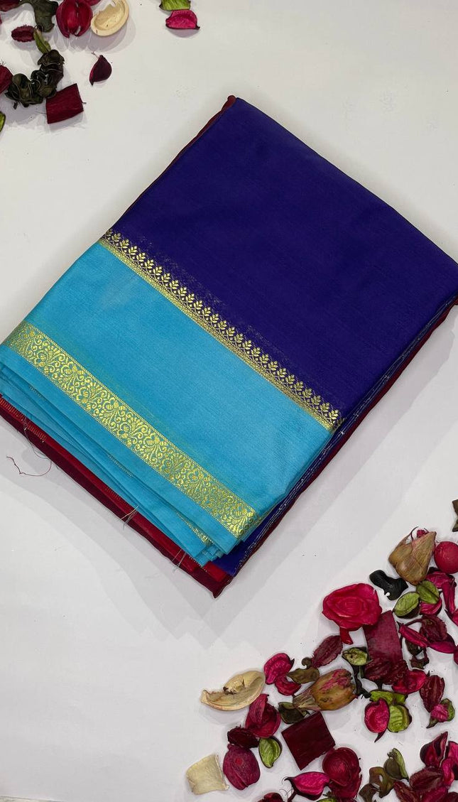Royal Blue Mysore Silk Saree with Sky Blue Contrast Border|DS17