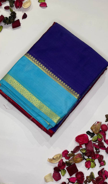 Royal Blue Mysore Silk Saree with Sky Blue Contrast Border|DS17