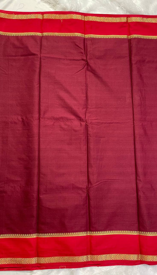 Wine Mysore Silk Saree with Rani Pink Contrast Border|DS17