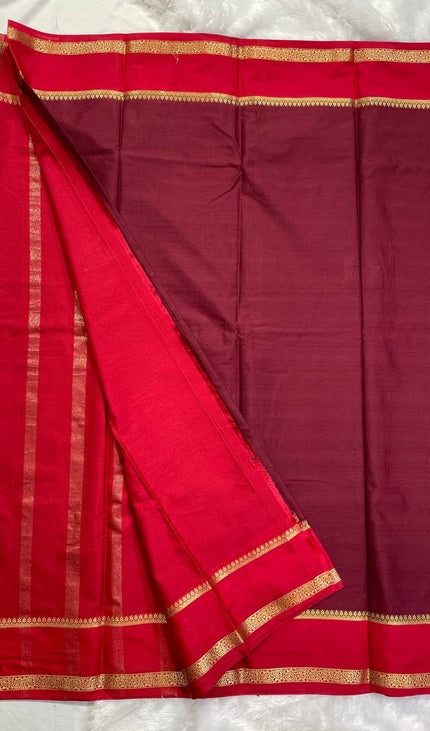 Wine Mysore Silk Saree with Rani Pink Contrast Border|DS17