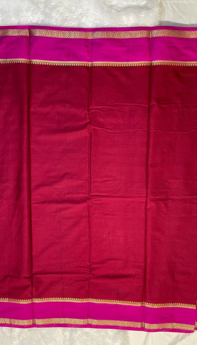 Deep Red Mysore Silk Saree with Pink Contrast Border|DS17