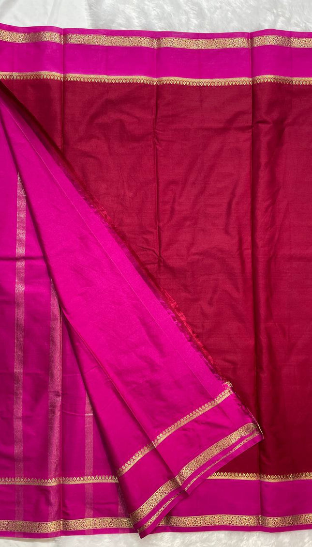 Deep Red Mysore Silk Saree with Pink Contrast Border|DS17