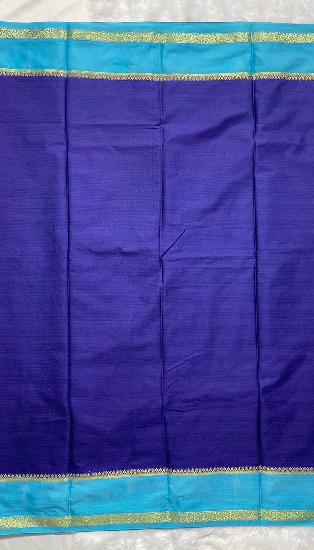 Royal Blue Mysore Silk Saree with Sky Blue Contrast Border|DS17
