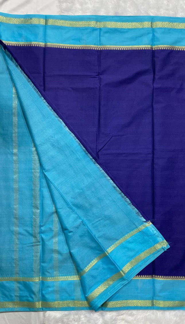 Royal Blue Mysore Silk Saree with Sky Blue Contrast Border|DS17