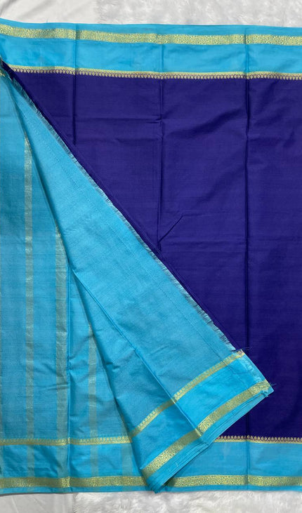Royal Blue Mysore Silk Saree with Sky Blue Contrast Border|DS17