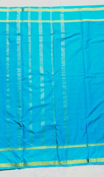 Royal Blue Mysore Silk Saree with Sky Blue Contrast Border|DS17