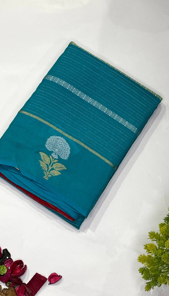 Teal Blue Premium Crape Silk Saree with Floral Zari Motif|DS14