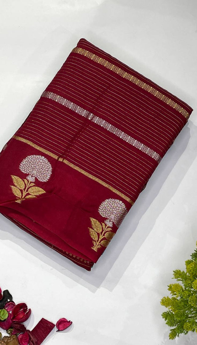 Maroon Premium Crape Silk Saree with Floral Zari|DS14