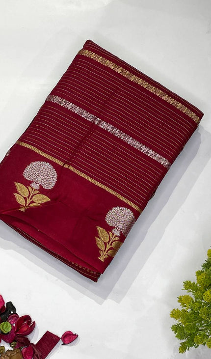 Maroon Premium Crape Silk Saree with Floral Zari|DS14