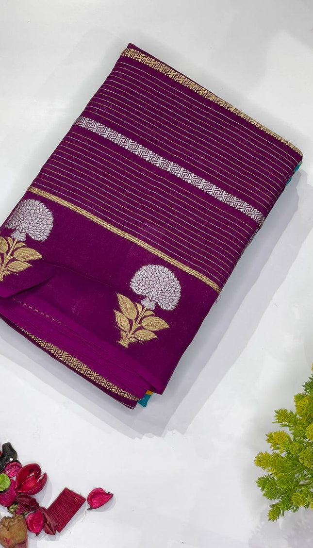 Purple Premium Crape Silk Saree with Floral Zari|DS14