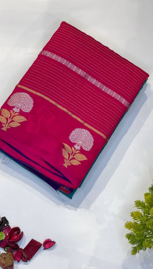 Rani Pink Premium Crape Silk Saree with Zari Floral Motif|DS14