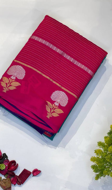Rani Pink Premium Crape Silk Saree with Zari Floral Motif|DS14