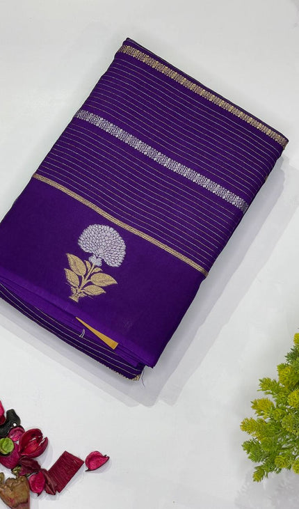 Royal purple Premium Crape Silk Saree with Floral Zari|DS14