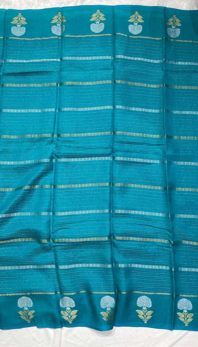 Teal Blue Premium Crape Silk Saree with Floral Zari Motif|DS14