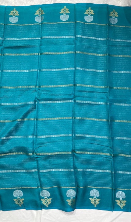Teal Blue Premium Crape Silk Saree with Floral Zari Motif|DS14