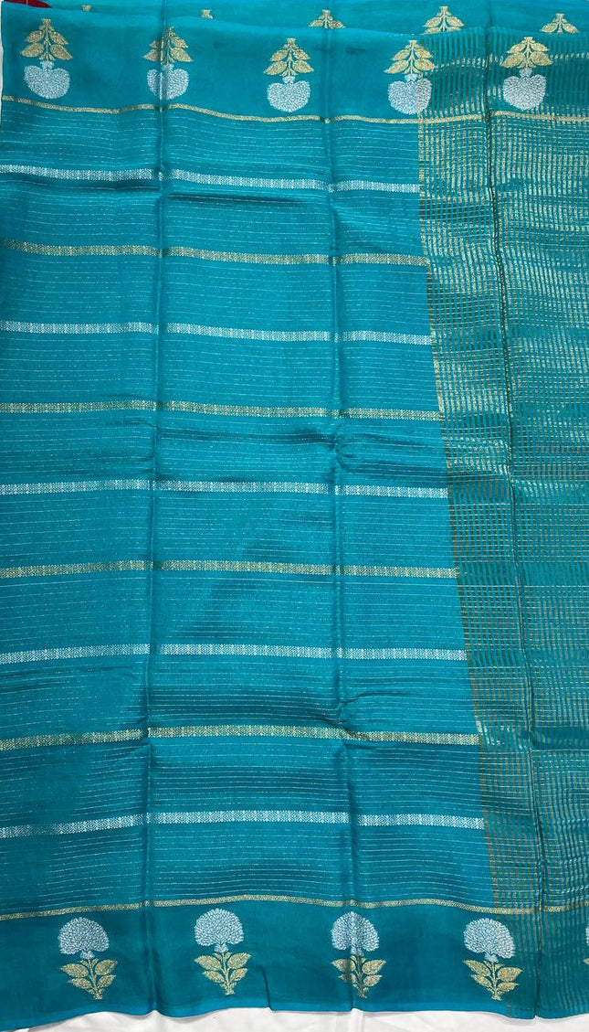Teal Blue Premium Crape Silk Saree with Floral Zari Motif|DS14