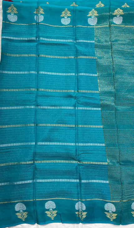 Teal Blue Premium Crape Silk Saree with Floral Zari Motif|DS14