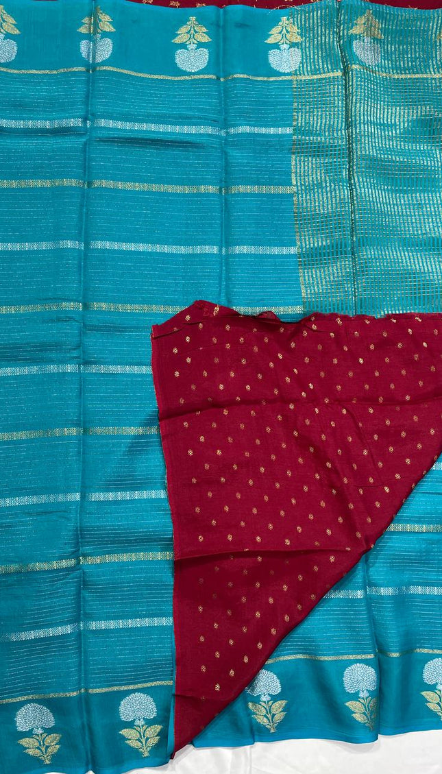 Teal Blue Premium Crape Silk Saree with Floral Zari Motif|DS14