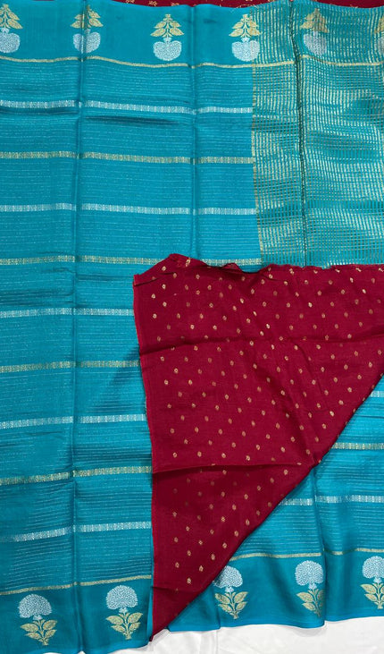 Teal Blue Premium Crape Silk Saree with Floral Zari Motif|DS14