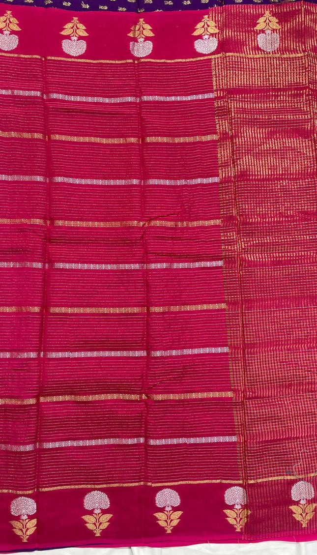 Rani Pink Premium Crape Silk Saree with Zari Floral Motif|DS14