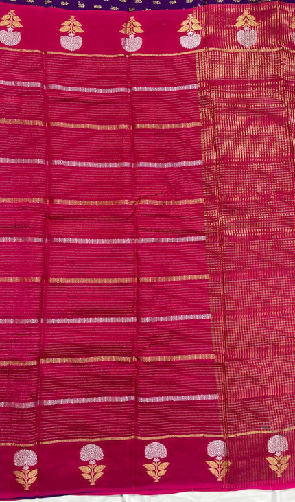 Rani Pink Premium Crape Silk Saree with Zari Floral Motif|DS14