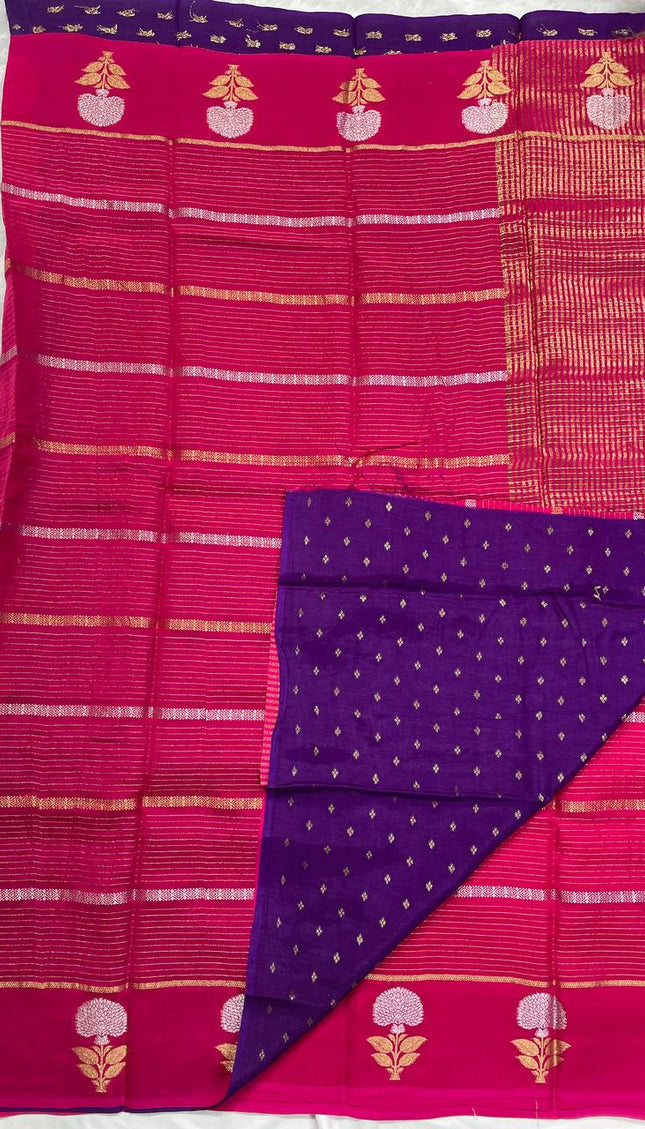 Rani Pink Premium Crape Silk Saree with Zari Floral Motif|DS14