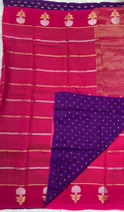 Rani Pink Premium Crape Silk Saree with Zari Floral Motif|DS14