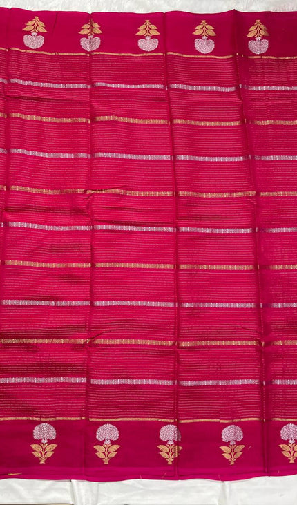 Rani Pink Premium Crape Silk Saree with Zari Floral Motif|DS14