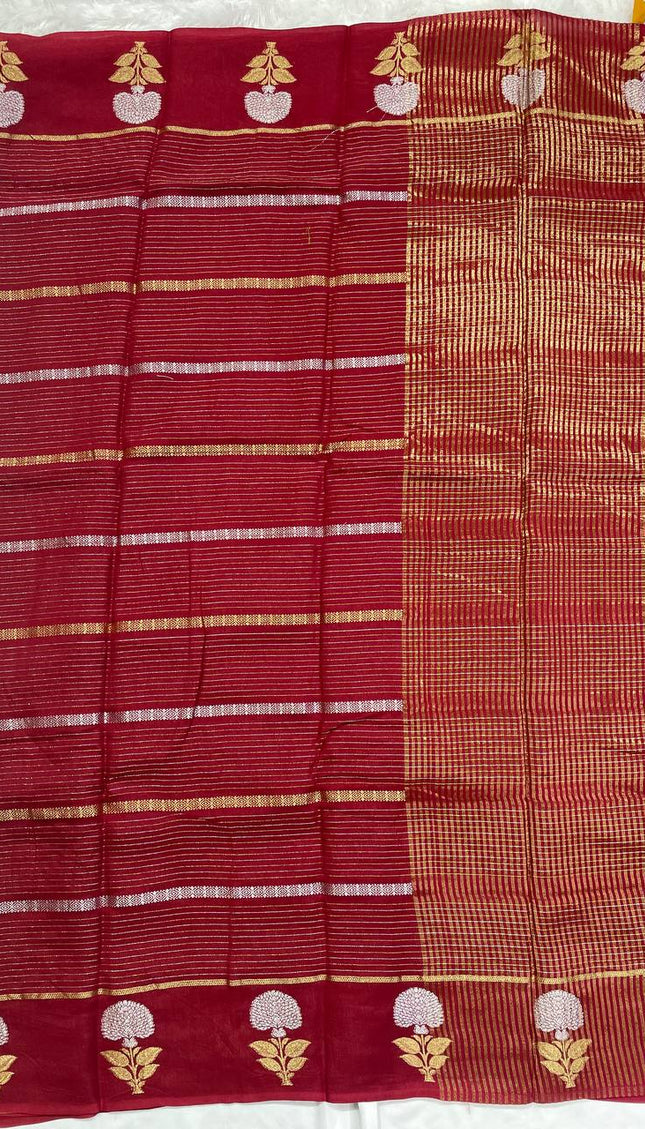 Maroon Premium Crape Silk Saree with Floral Zari|DS14
